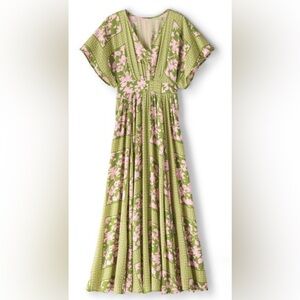 Soft Surroundings Green Pink Floral Maxi Dress Women Size PM Medium Boho V-Neck